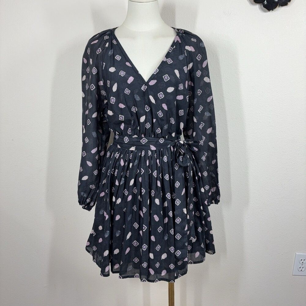 Xirena Dress Womens Medium Navy Geometric Mini V Neck Pockets Boho Party